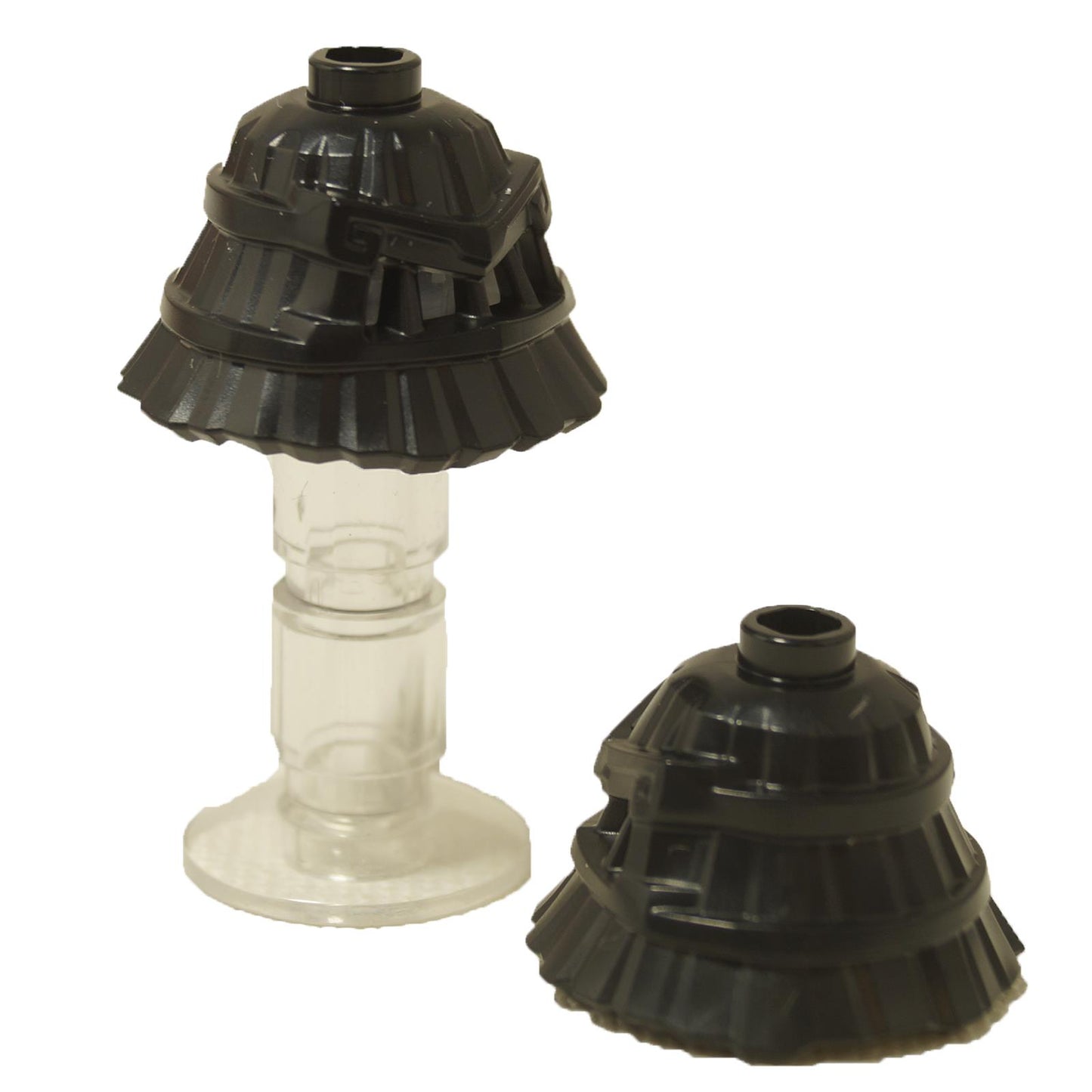 LEGO® Black Ronin Samurai Hat with a narrow visor, shown from an angled view and a side view.
