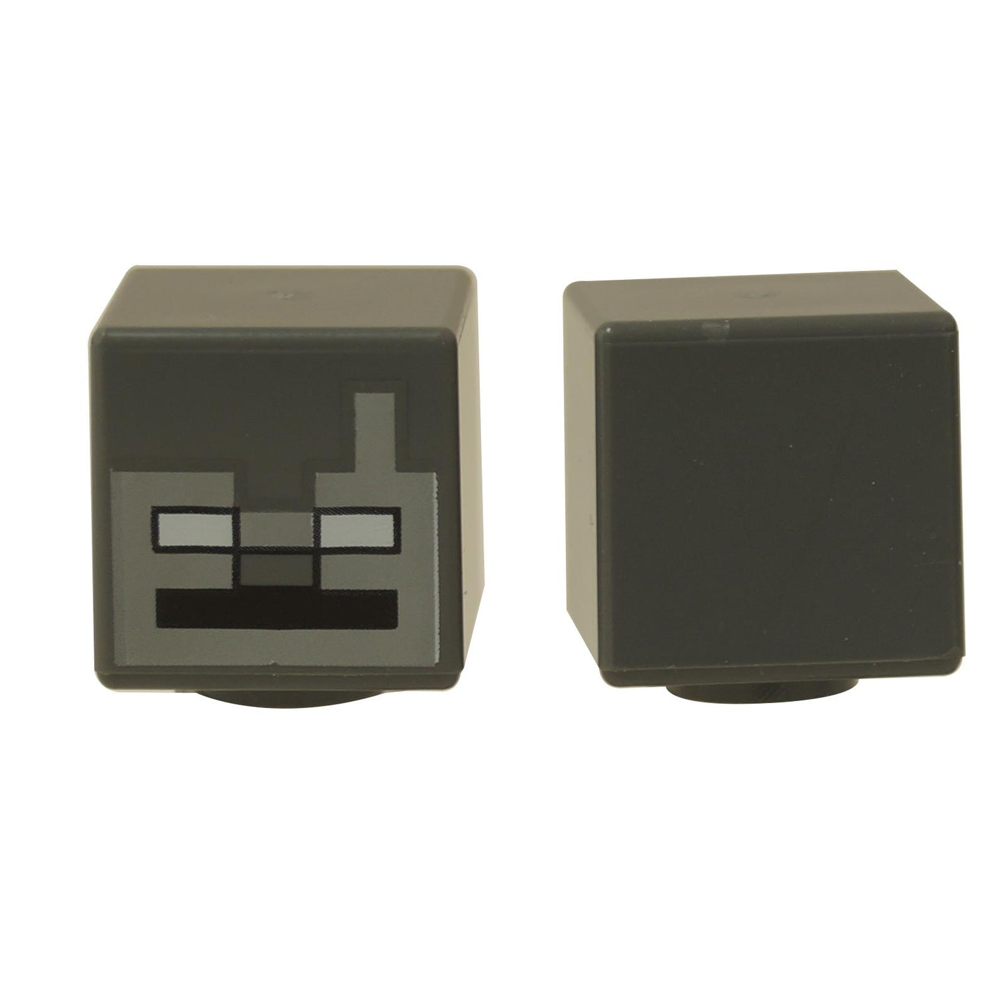 LEGO® Minecraft™ Wither Skeleton Head with a pixelated face, shown from the front and back.