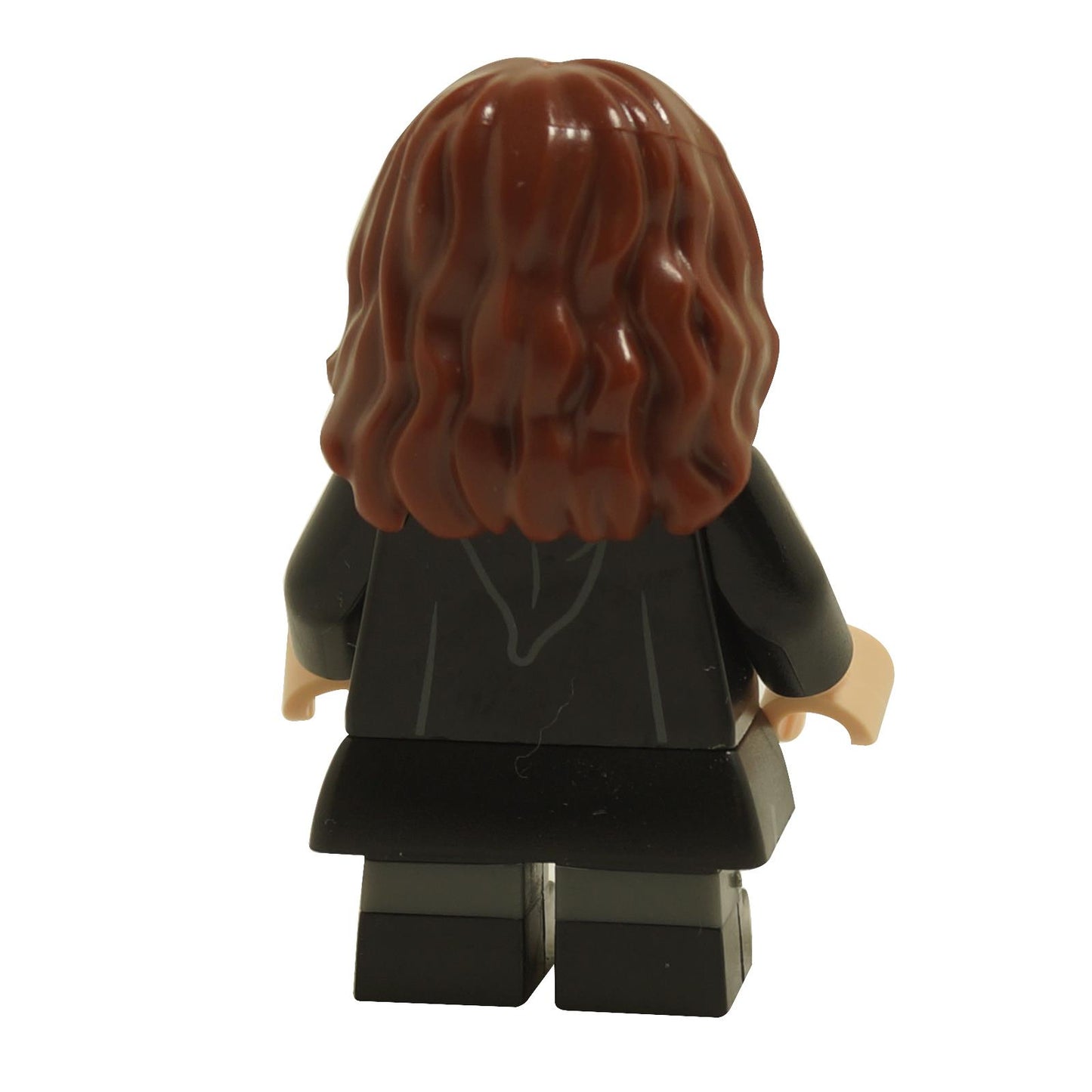 Back view of LEGO® Harry Potter Hermione Granger minifigure wearing a clasped Gryffindor robe with black skirt and black short legs
