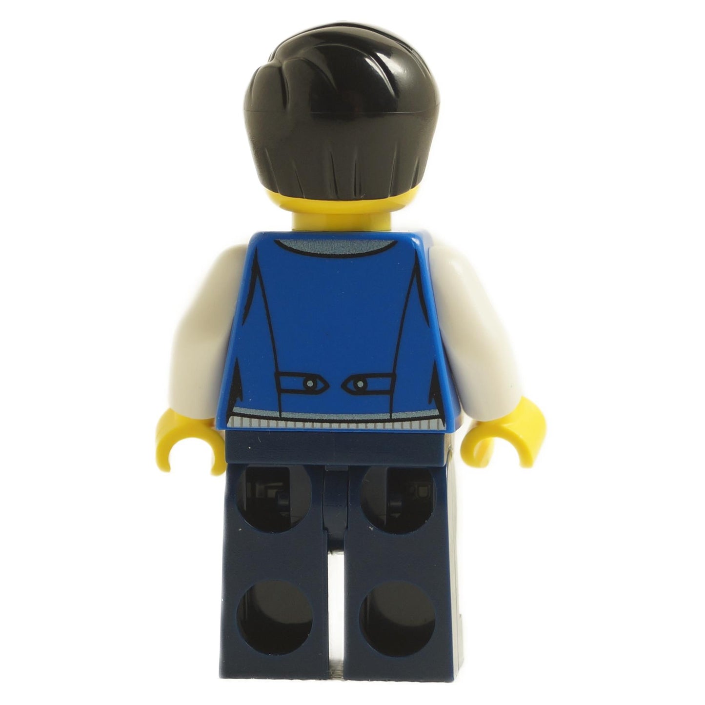 back view of LEGO hotel receptionist minifigure with black hair wearing blue vest uniform and dark legs twn472