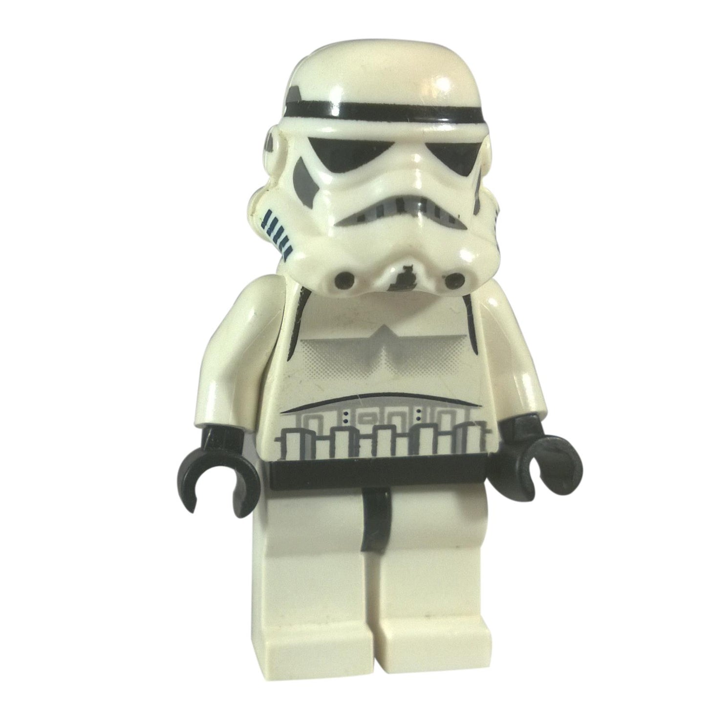 Minifigura de Stormtrooper Imperial vista frontal con casco de boca punteada, armadura blanca y cabeza negra debajo