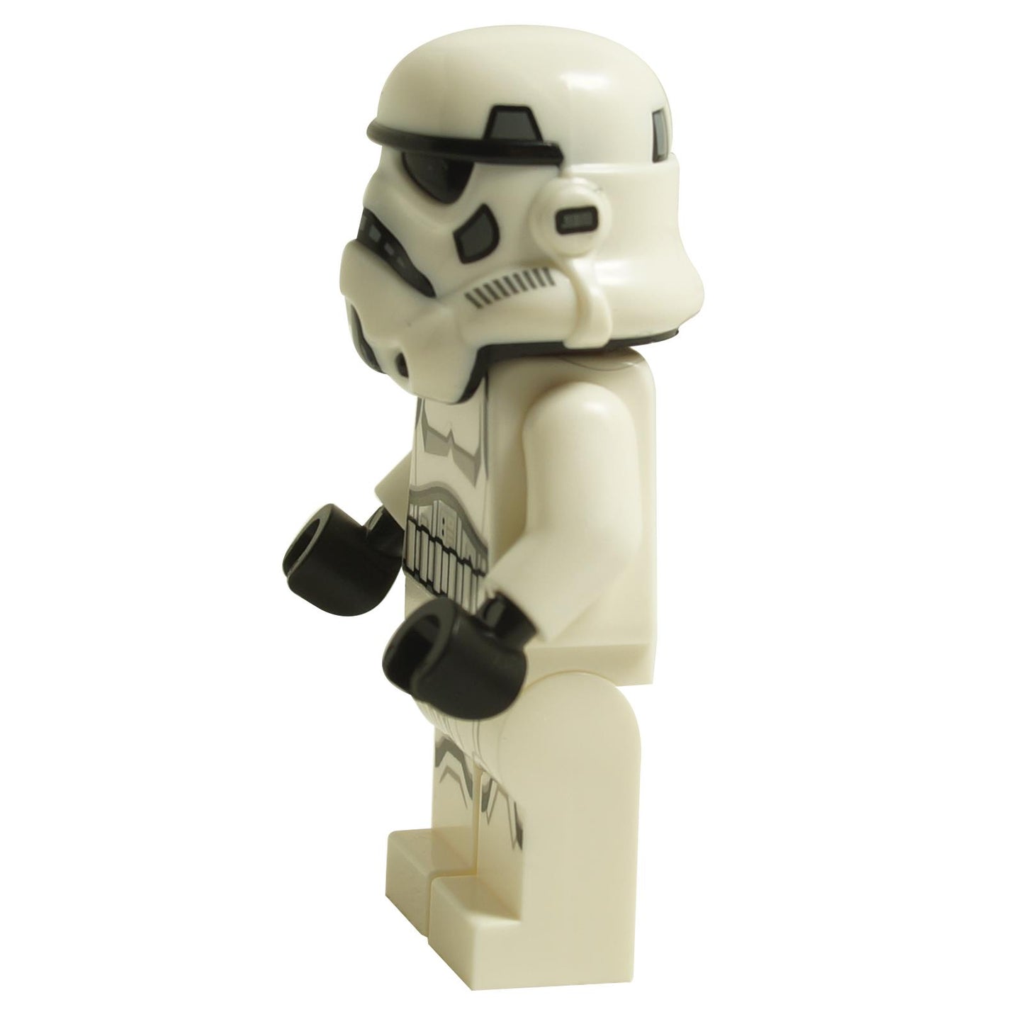 Side view of LEGO® Imperial Stormtrooper female minifigure sw1326 wearing white stormtrooper armor and helmet