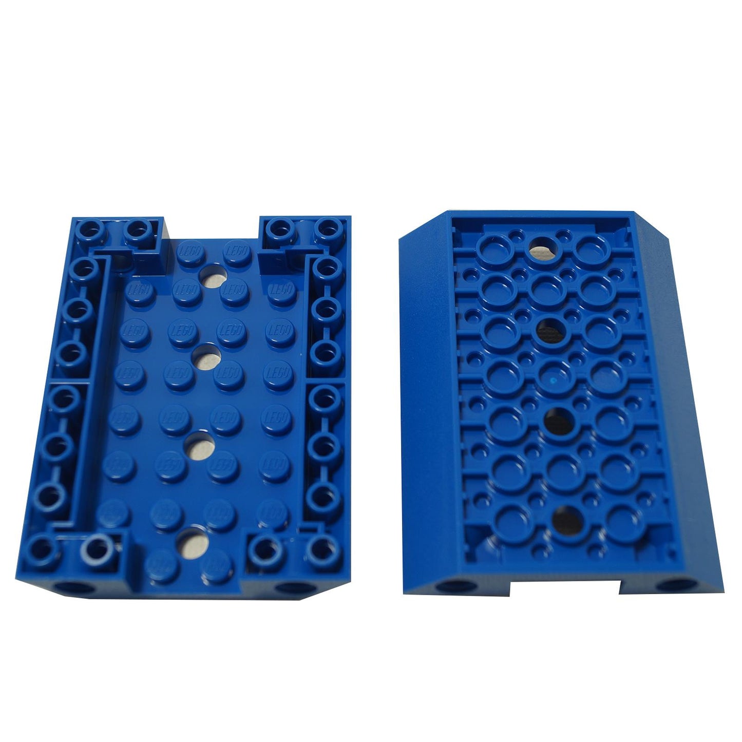 Two blue LEGO inverted slope elements with multiple holes, designed for construction and mechanical support in LEGO sets.
