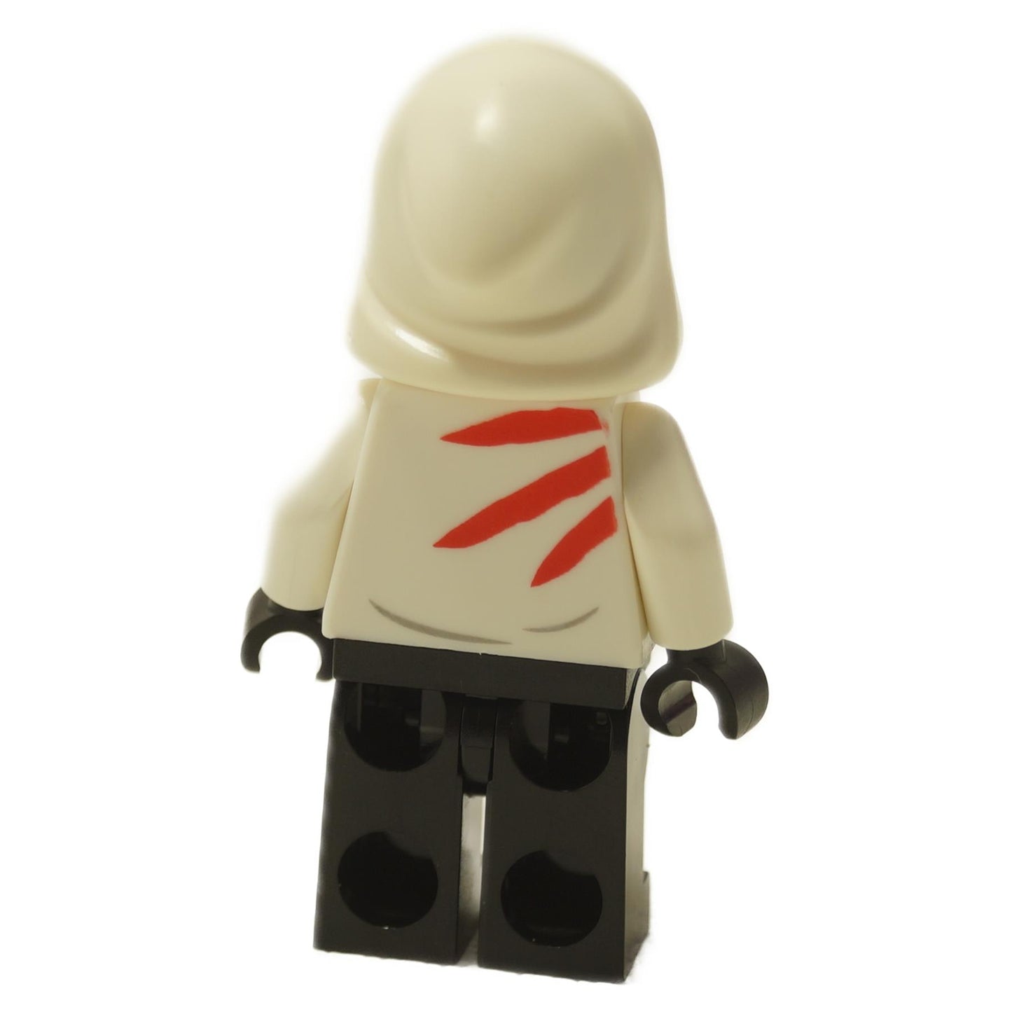 Jack Davids minifigure wearing white hoodie with red detail, cap under hood, and black pants, back view