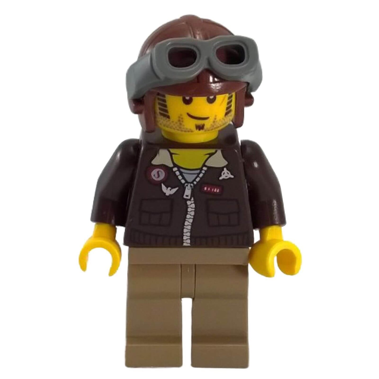 LEGO® Jake Raines pha001 minifigure wearing a brown aviator cap with grey goggles