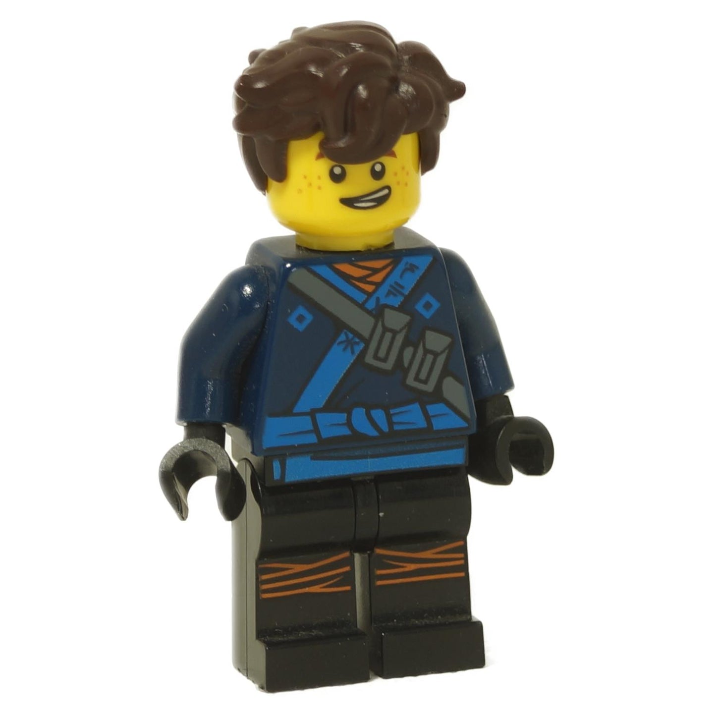 front view of LEGO Ninjago Jay minifigure from The LEGO Ninjago Movie with brown hair smiling expression and blue ninja outfit