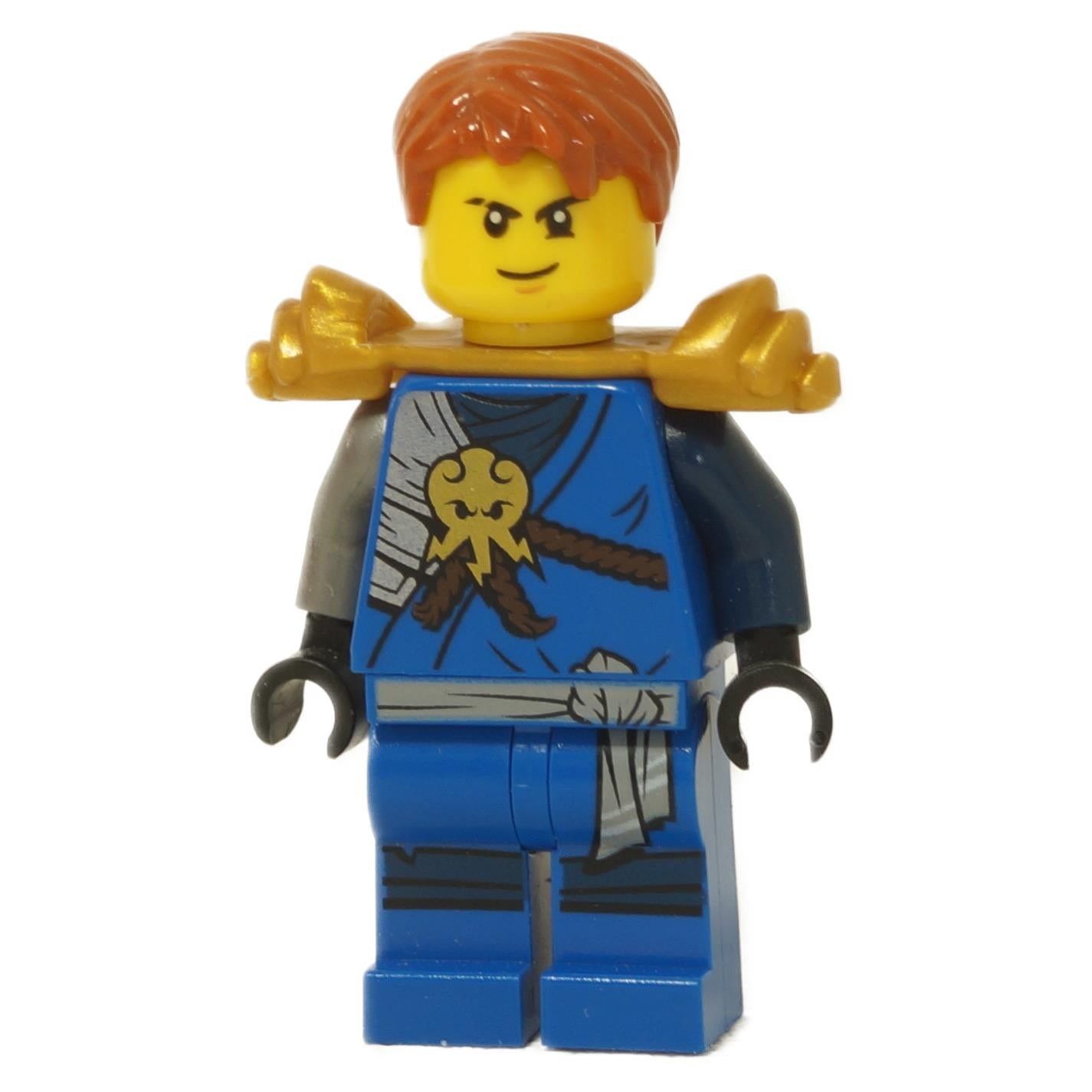 front view of LEGO Ninjago Jay minifigure with confident expression red hair blue ninja outfit and pearl gold shoulder armor njo0287