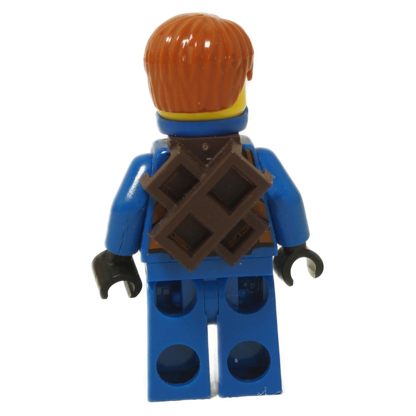 back view of LEGO Ninjago Jay minifigure with red hair blue ninja outfit bandana mask and brown scabbard harness