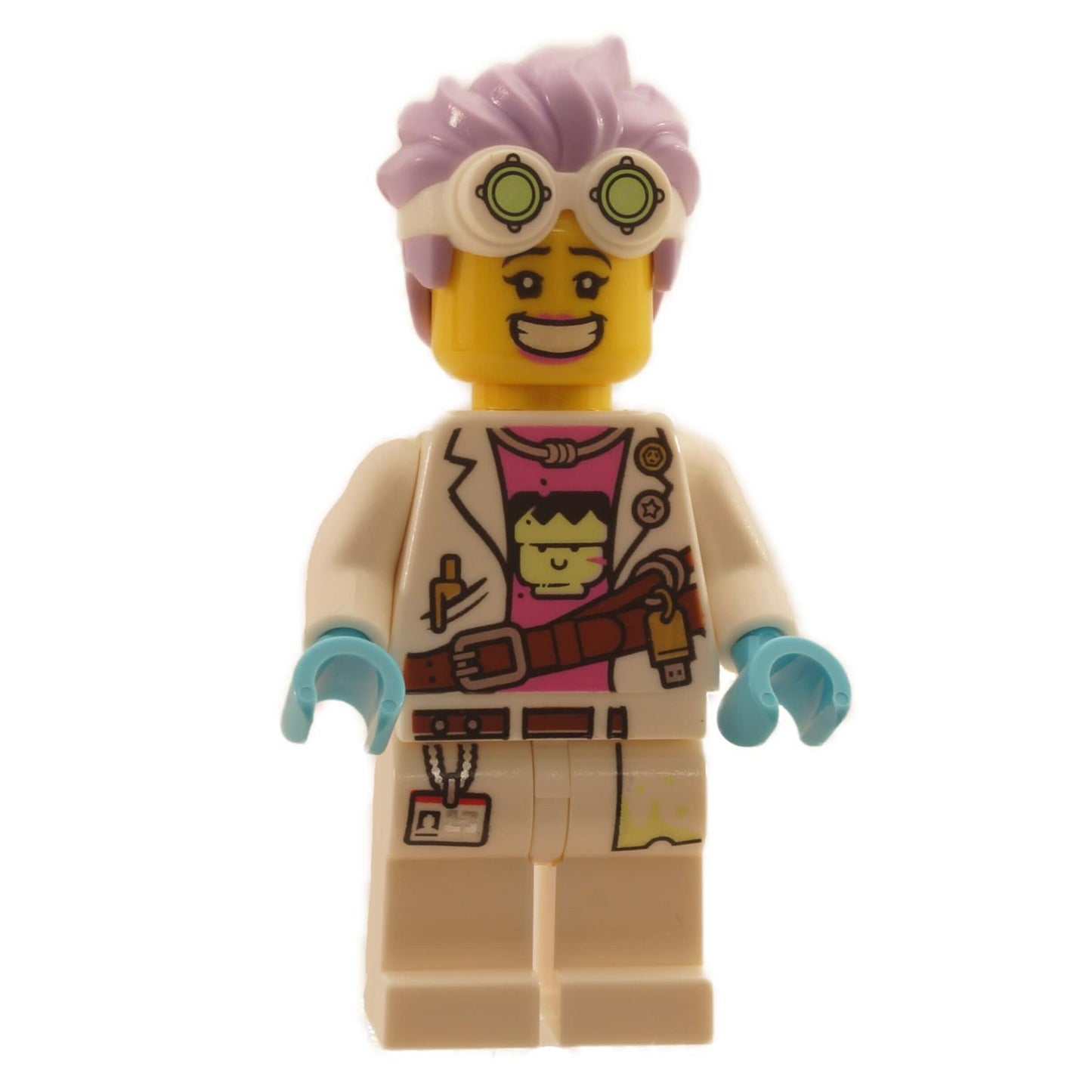 front view of LEGO Hidden Side J.B. Watt minifigure with large smiling expression lavender hair goggles and printed adventure outfit hs002
