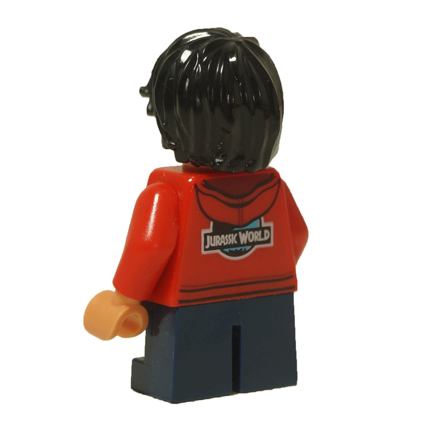 Rear view of LEGO Hudson Harper jw046 in a red Jurassic World hoodie.
