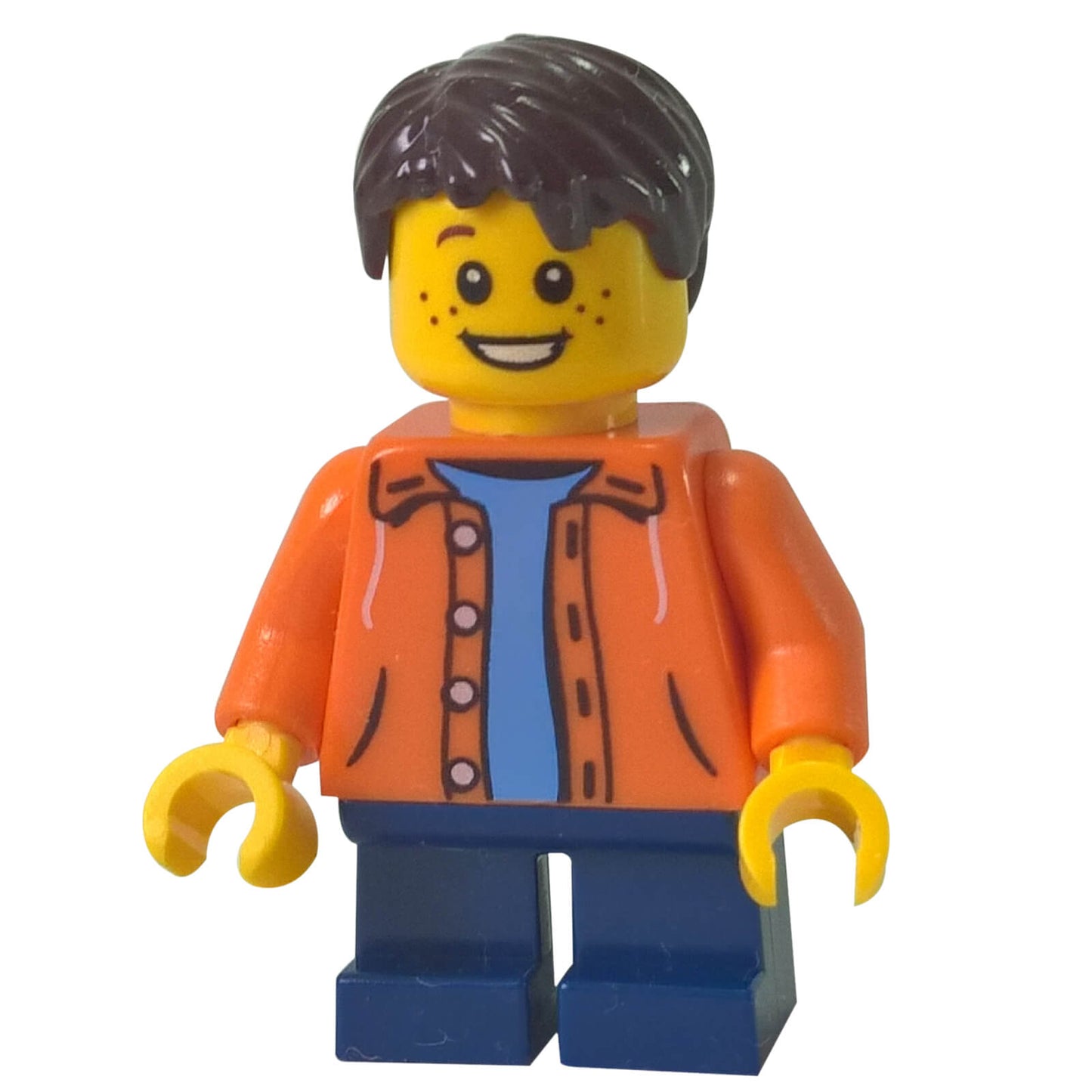 LEGO kid minifigure twn267 orange jacket dark blue legs brown hair smiling face