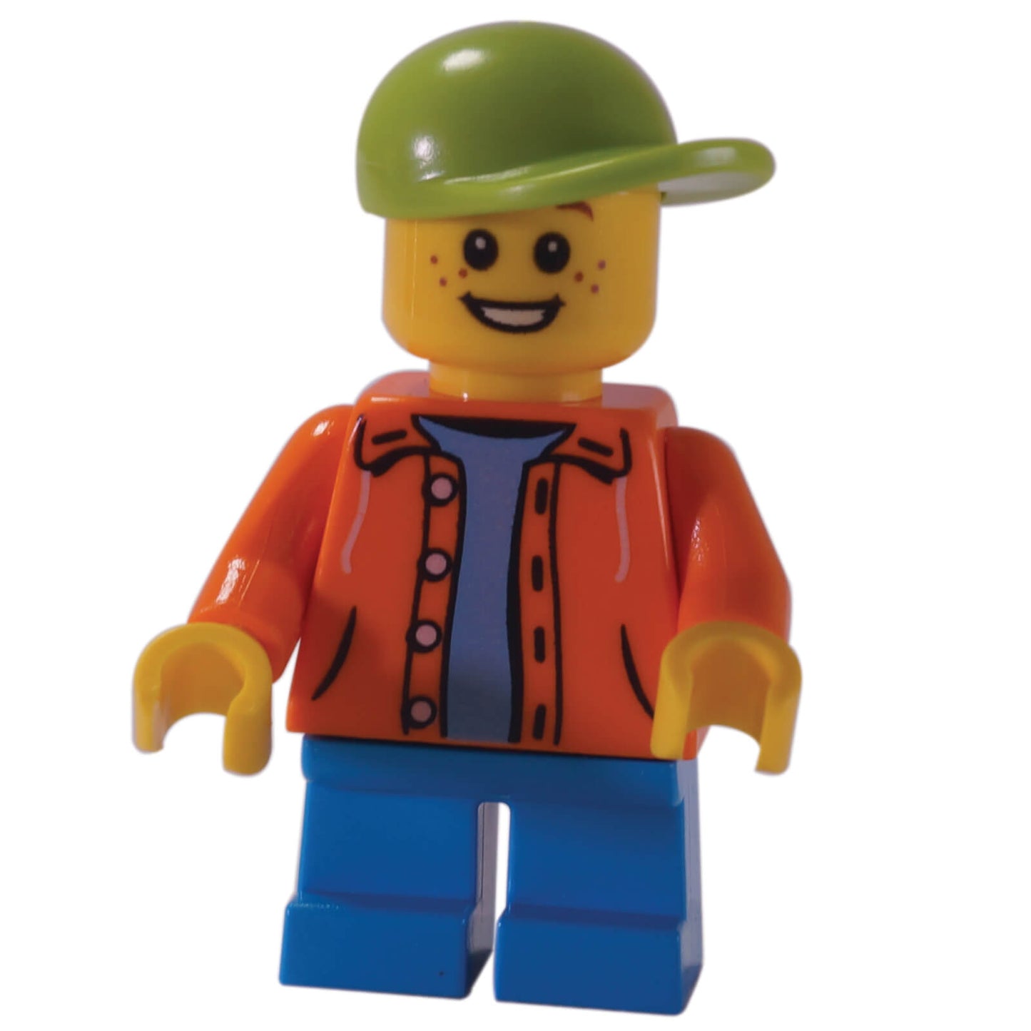 LEGO kid minifigure twn300 orange jacket blue legs lime cap smiling face