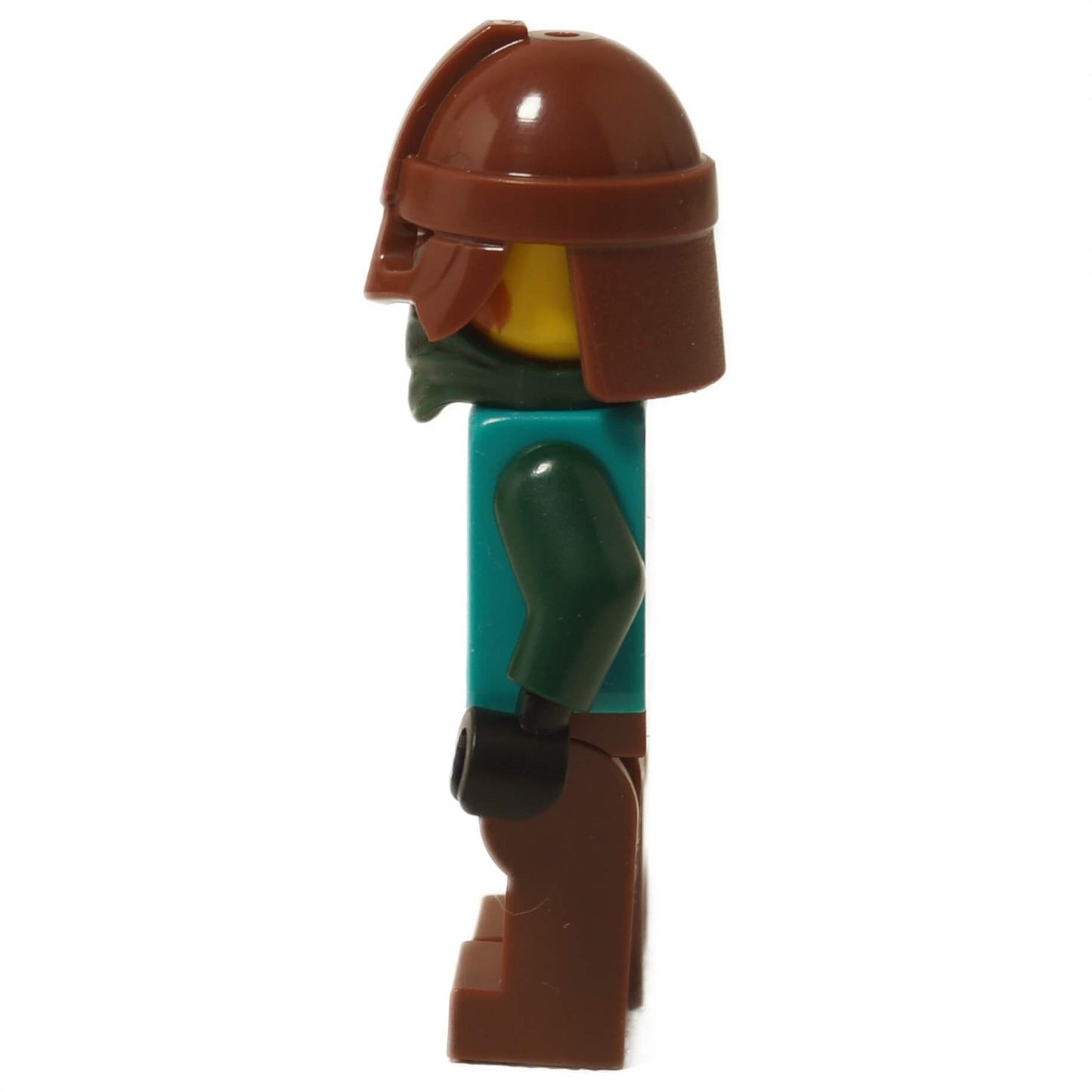 Front view of LEGO® Kraken Warrior Minifigure wearing brown helmet with eye slit and teal chest armor.
