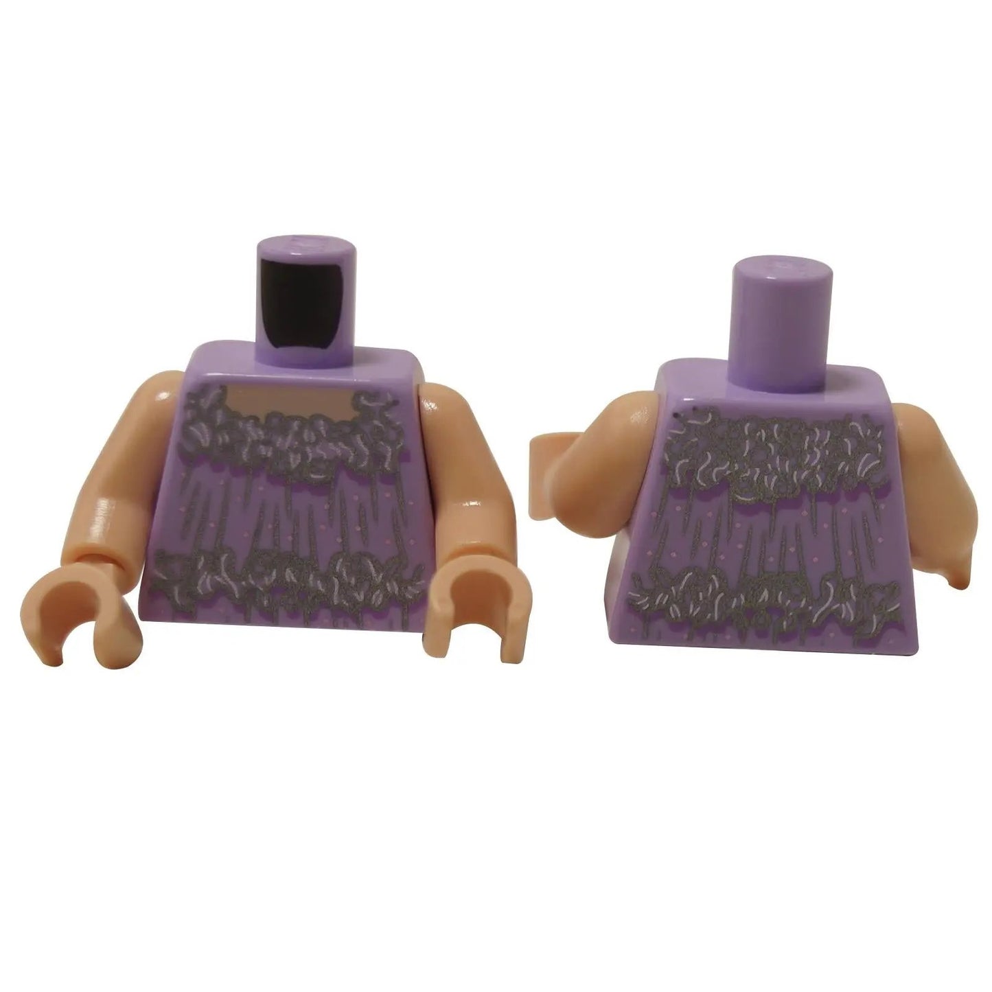 Torso de minifigura Lavanda con impresión de bata, volantes y detalles de puntos rosas, brazos de nougat claro, vista frontal y trasera.
