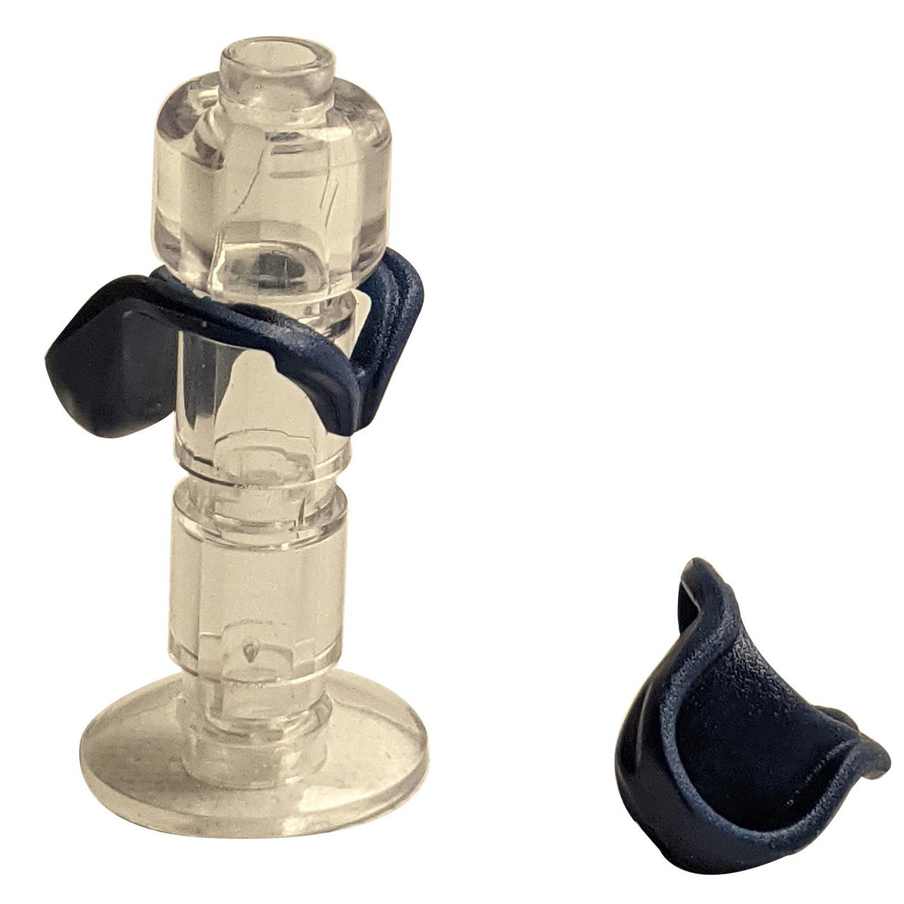 Dark blue LEGO Minifigure Hood Folded Down 15428 on a clear stand.