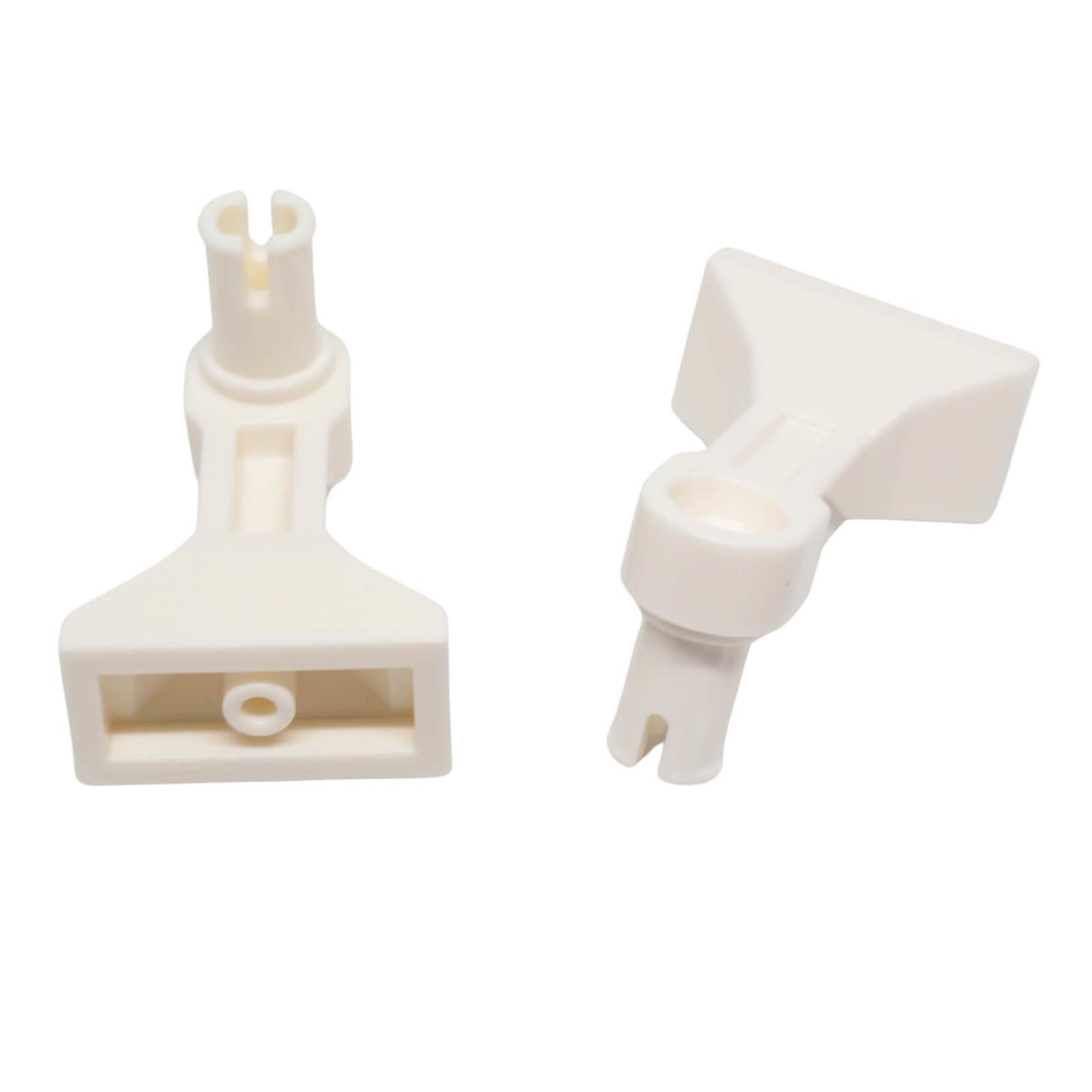 White LEGO mechanical droid leg 30362 with Technic pin connection shown from front and angled views