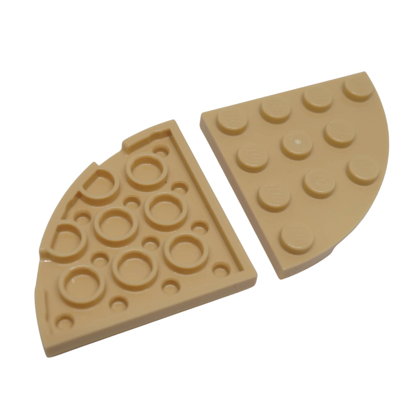 LEGO® Plate 4x4 with Rounded Corner in durable plastic, in tan, perfect for smooth curved builds and custom MOCs.