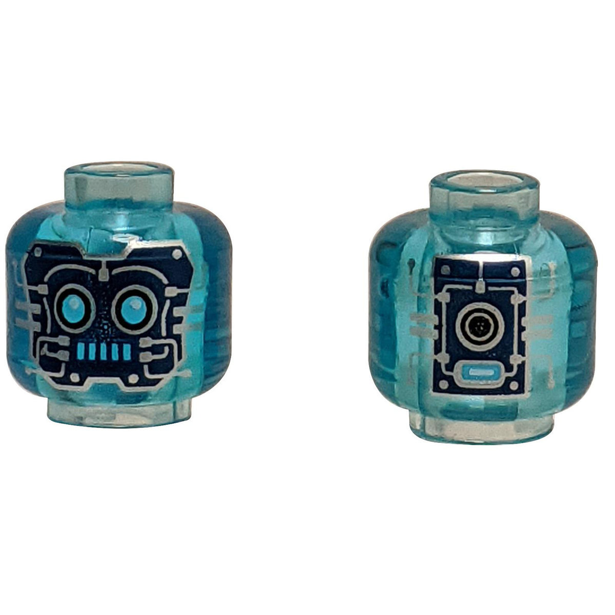 Translucent blue LEGO head 3626pb3345 with silver robot face and circuitry.