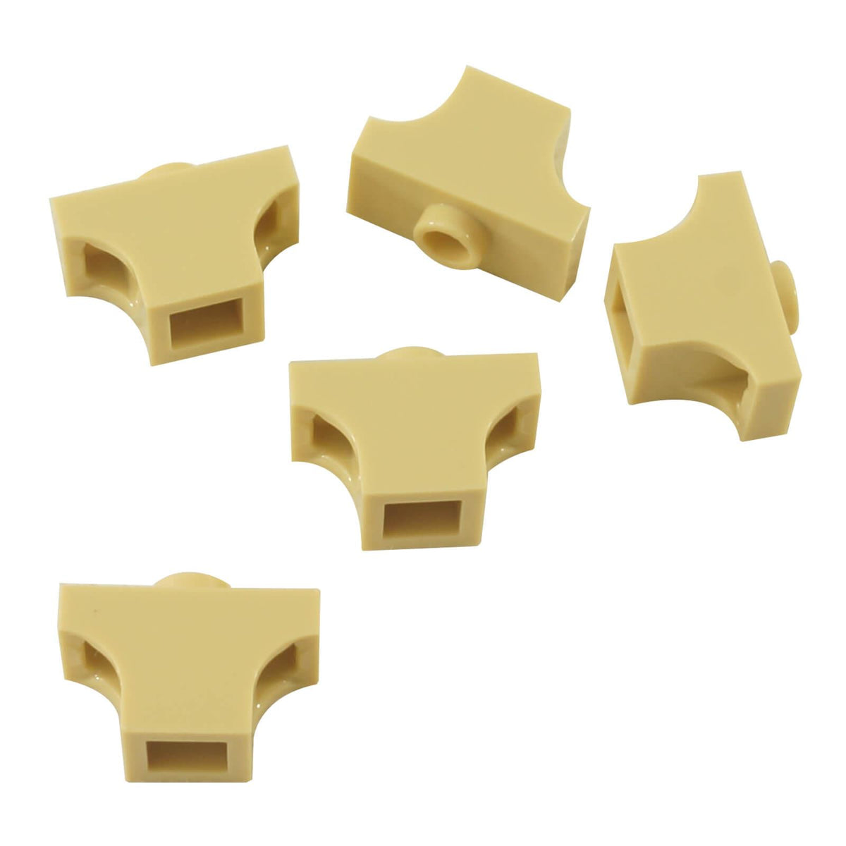 Five tan LEGO® Arch 1 x 2 Inverted pieces, part 38583, showing curved side recesses and connection points