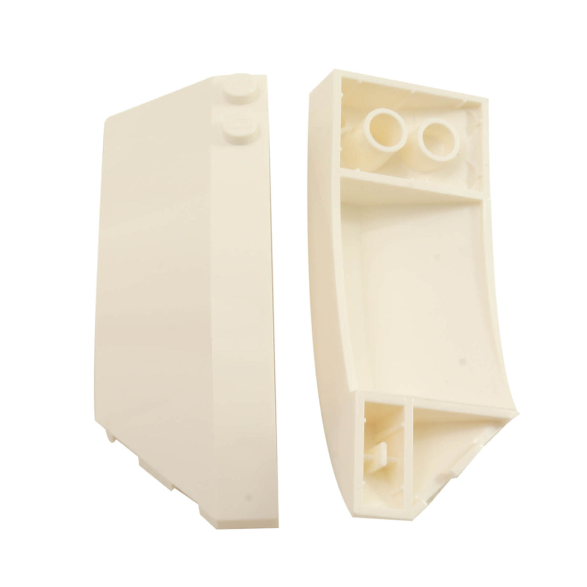 Two white LEGO® Part 41749 Wedge 8 x 3 x 2 Open Right pieces, showing the smooth sloped exterior, top studs and hollow underside