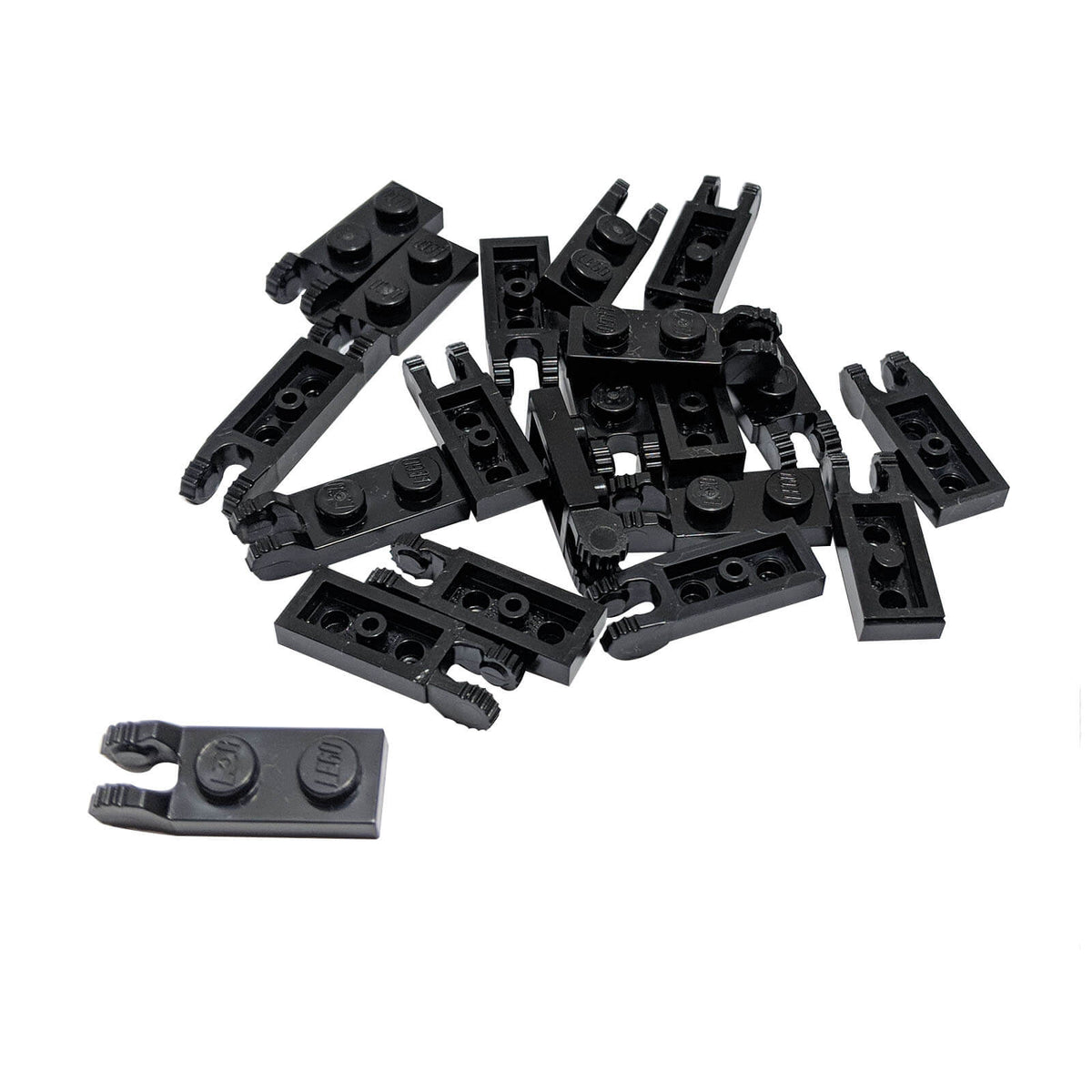 20 black LEGO® 44302 locking hinge plates 1 x 2 with two fingers on end
