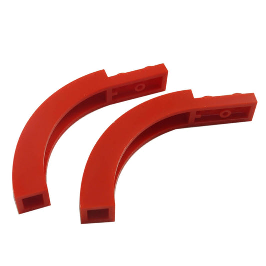 Two red LEGO® Arch 1 x 6 x 3 1/3 Curved Top 6060 pieces showing their smooth curve and hollow end connections.