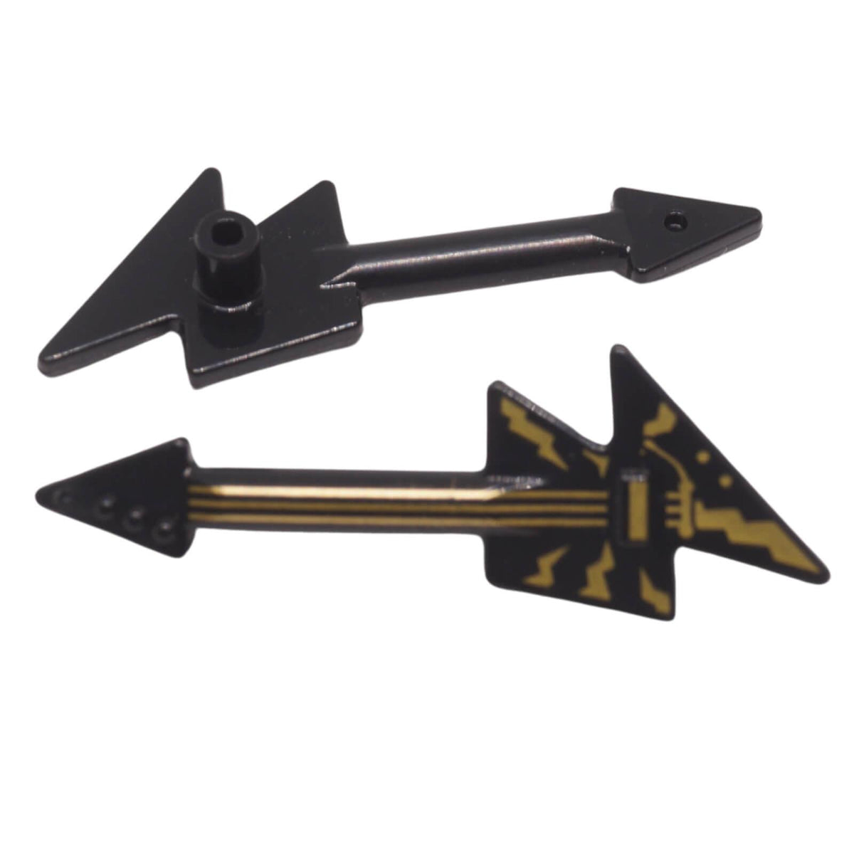 LEGO® 80699pb01 black minifigure electric guitar with gold strings and lightning bolt pattern shown front and back