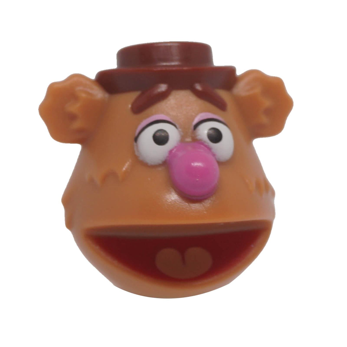 LEGO® 89646pb01 Muppet Fozzie Bear minifigure head front view with hat, eyebrows and pink nose
