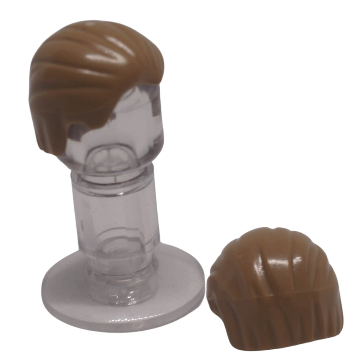 LEGO® 92081 minifigure hair combed front to rear shown from front and back in dark tan