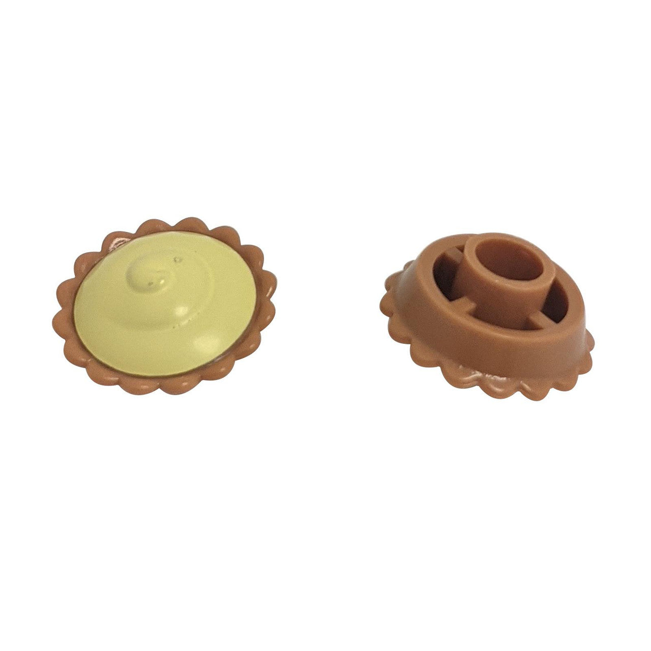 Medium nougat LEGO Food Pie part 93568pb002 showing bright light yellow cream filling print on top face and stud underside detail, on white background