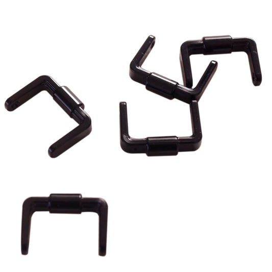 Black LEGO 95344 minifigure bucket handle or scooter stand pieces showing the U-shaped design and central cylindrical section