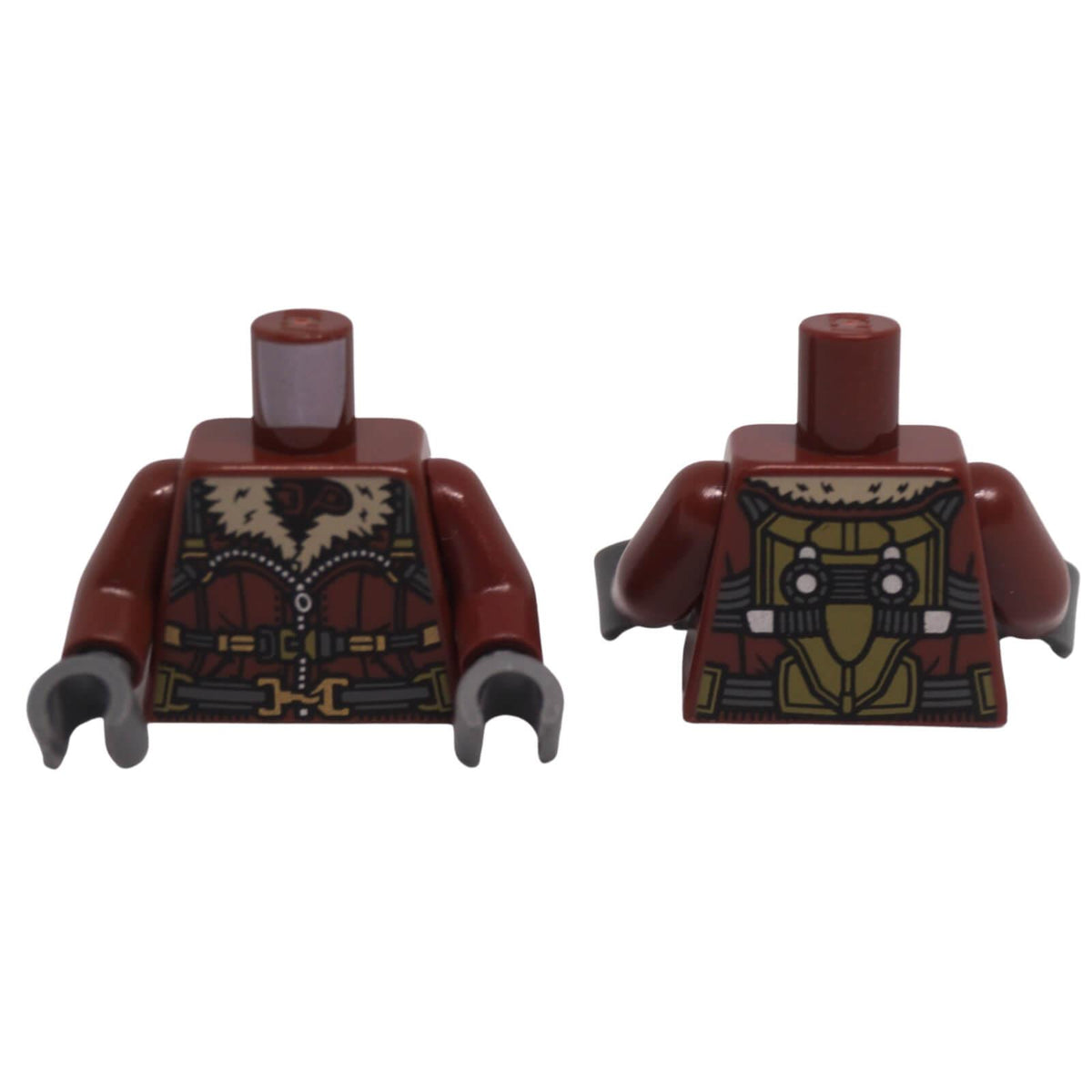 LEGO® reddish brown bomber jacket torso 973pb4517c01 front and back with tan fur collar, dark bluish gray straps and gold clasps