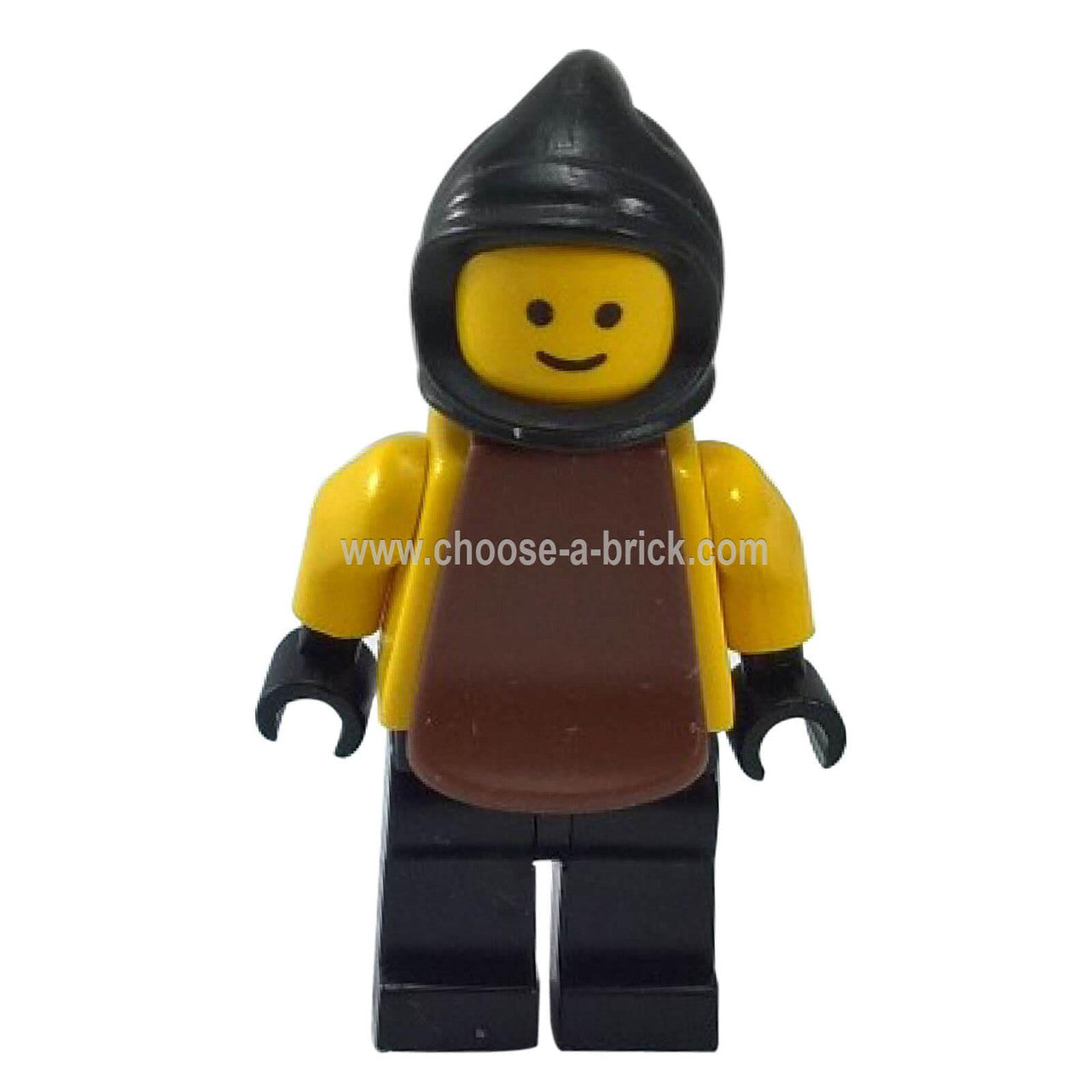 LEGO Blacksmith minifigure cas089 — black cowl, yellow torso and arms, brown plastic cape worn as front apron, black hands and black legs