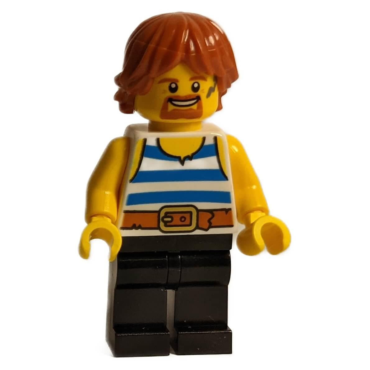 LEGO Blacksmith minifigure cas556 — reddish brown swept hair, white and blue striped tank top, orange belt with gold buckle, black legs