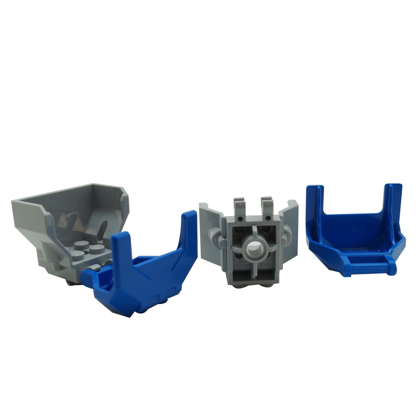 LEGO body parts 98876 and 27167 in blue and grey showing exterior and connection views