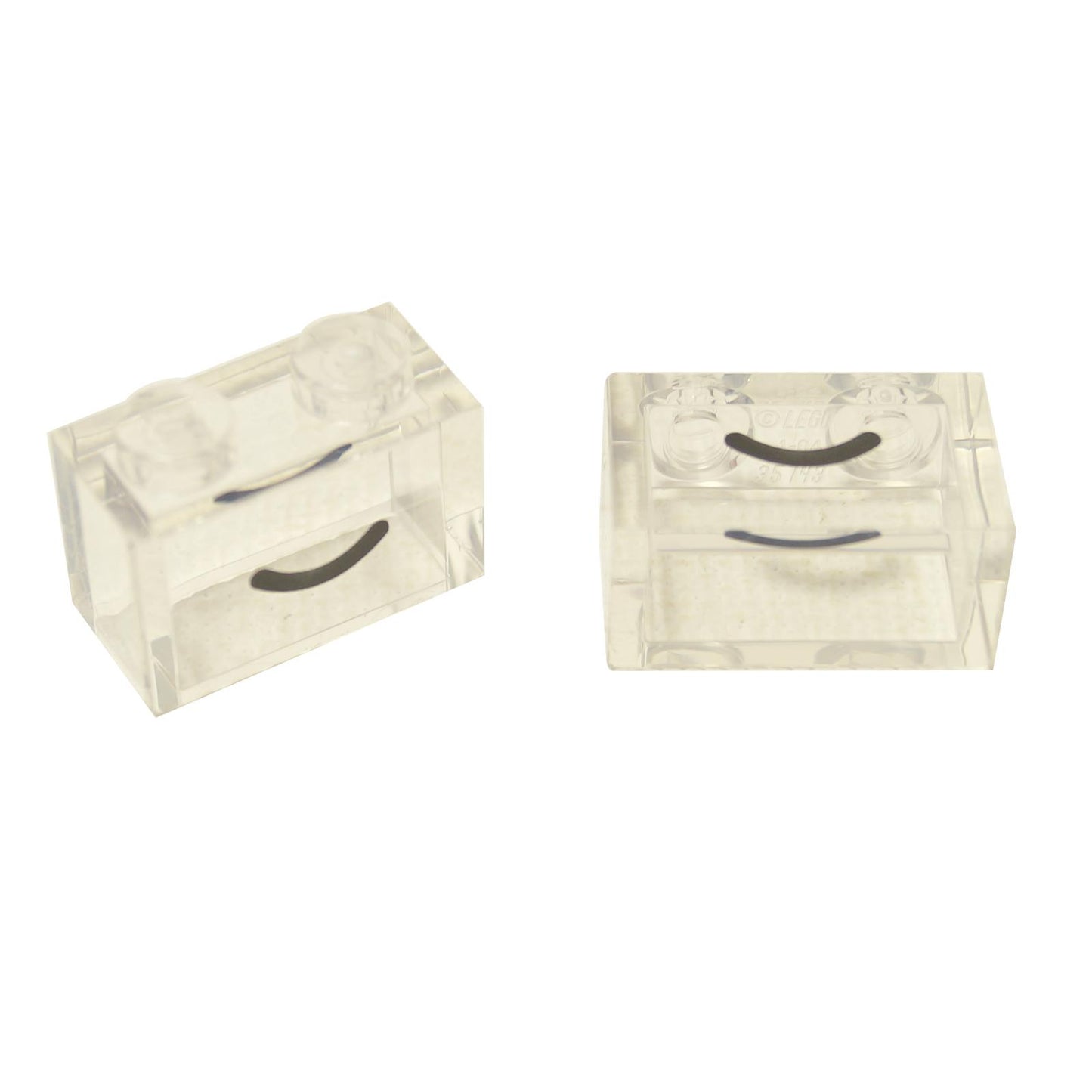 LEGO® Brick 3065pb24 – 1 x 2 without Bottom Tube in Transparent Clear with Black Curved Smile Pattern (2x New), shown from angled top and front views on white background.