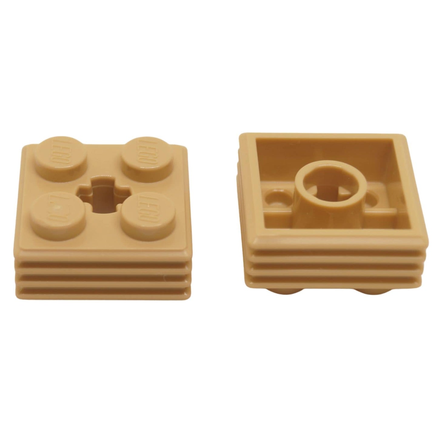 LEGO® modified brick 2 x 2 x 2/3 with ribbed sides and axle hole, used for Technic integration and detailed shaping, tan color