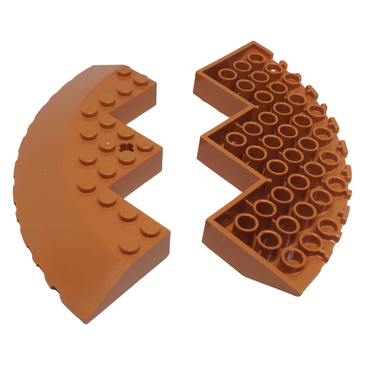 LEGO® round corner brick 10 x 10 with 33 degree sloped edge, axle hole and facet cutout, used for large curved structures or vehicle builds,medium nougat color