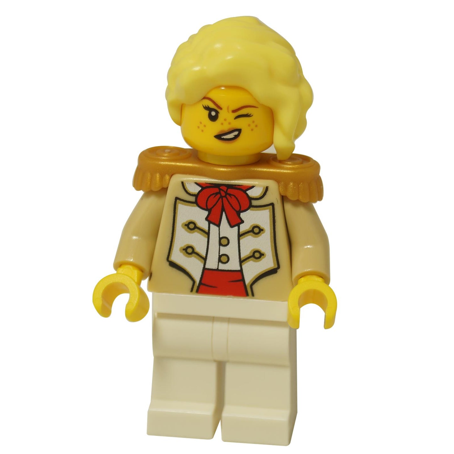LEGO minifigure Camilla the Admiral's Daughter (idea228) winking, wearing a tan officer's coat with gold epaulettes and a bright yellow wavy hairpiece.