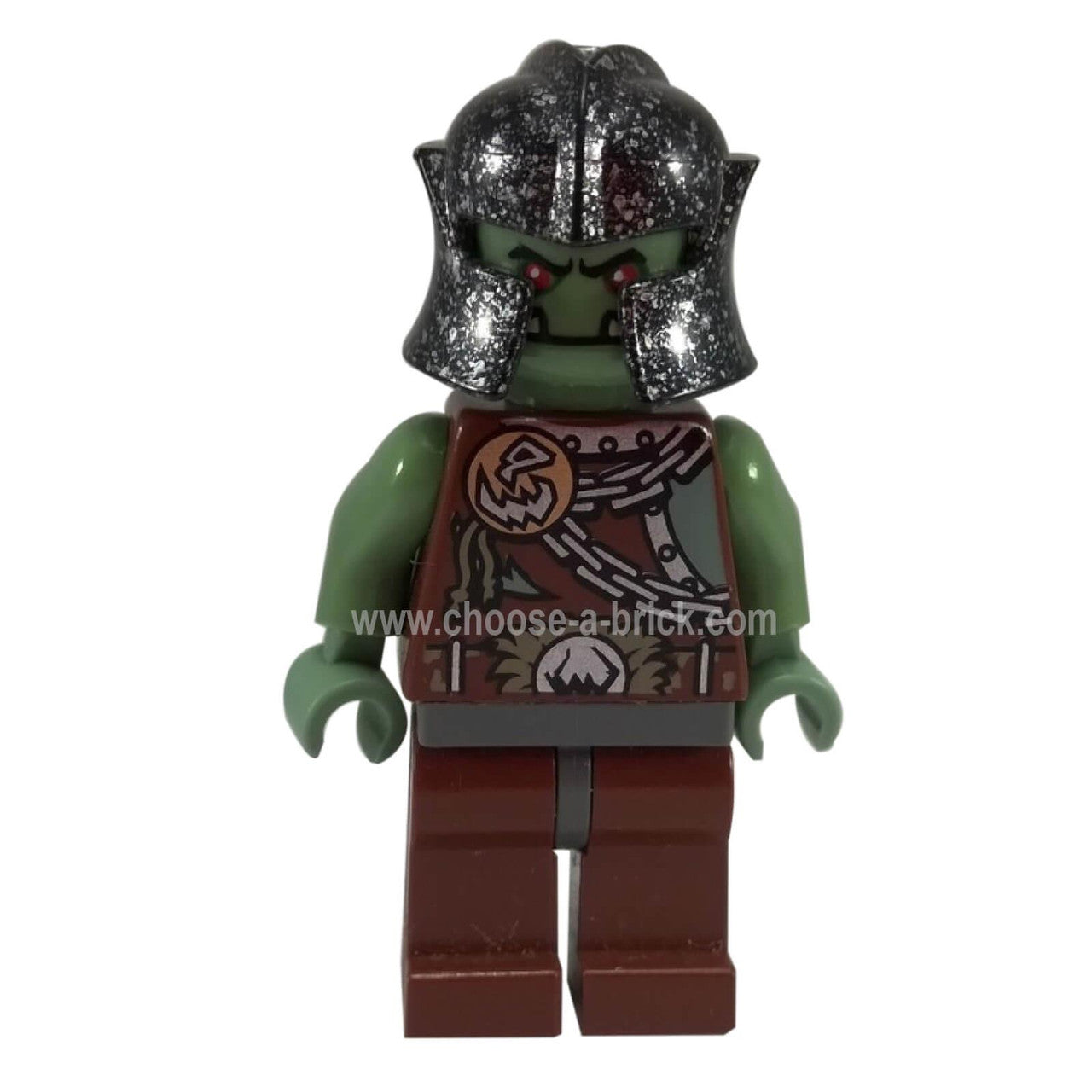 LEGO Troll Warrior cas359 minifigure in silver helmet and brown armor.