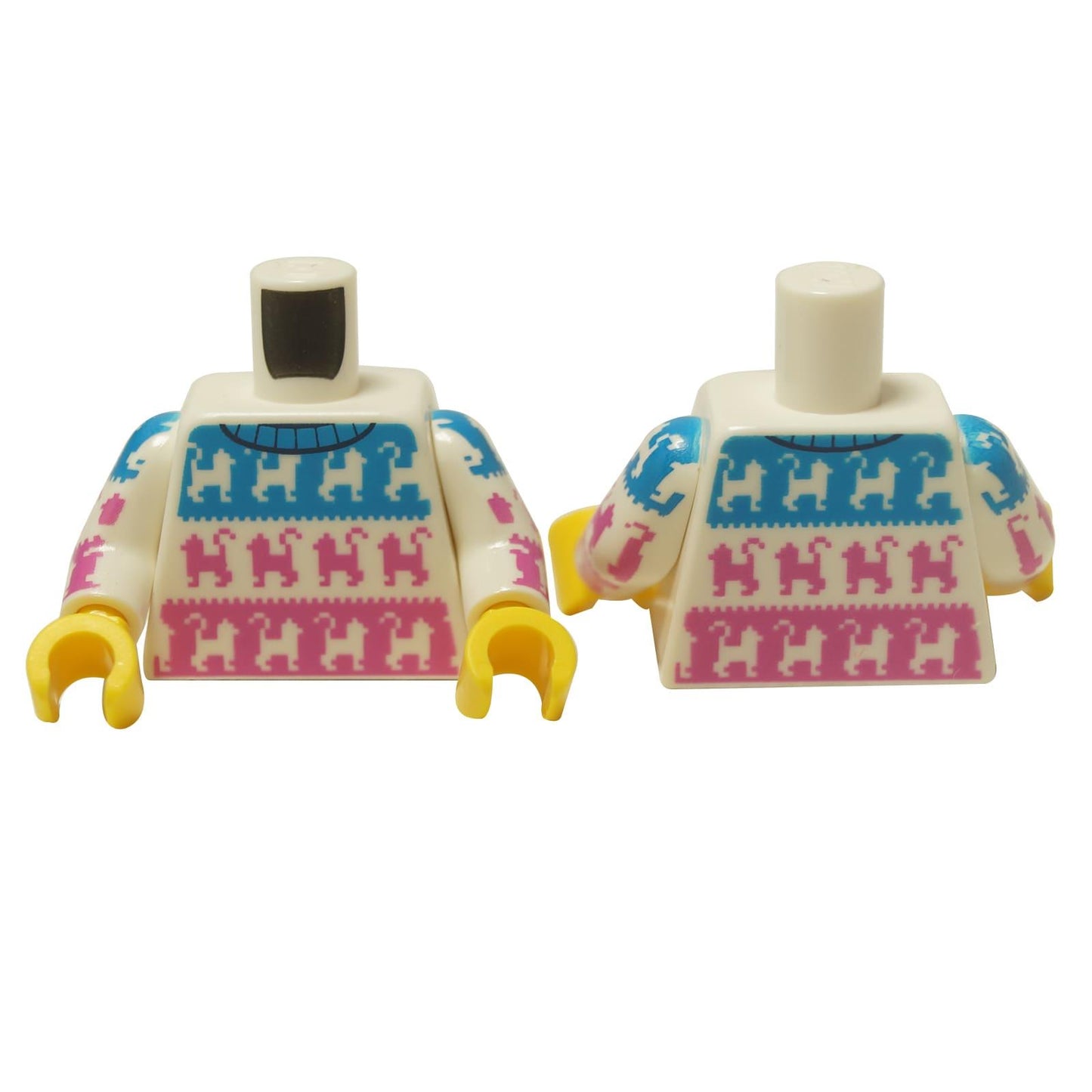 LEGO® Torso (973pb5928c01) para un suéter de amante de los gatos, mostrando el frente y la parte posterior del suéter blanco con patrones de gatos en azul y rosa.