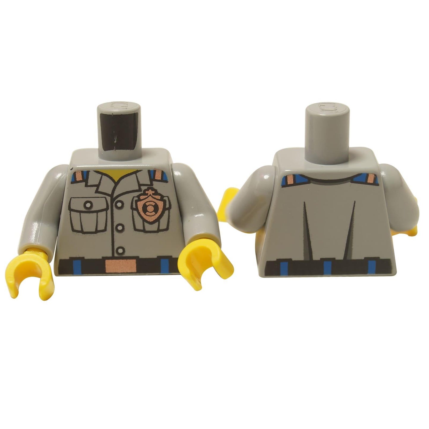 LEGO® City Coast Guard torso (973pb1436c01), zobrazující přední a zadní stranu světle šedé uniformy s tištěným odznakem a páskem.