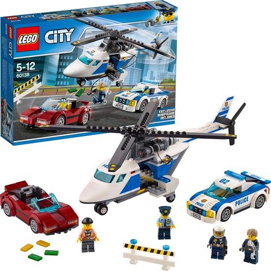 LEGO® City High-speed Chase 60138 police set with helicopter, patrol car, sports car, and minifigures.