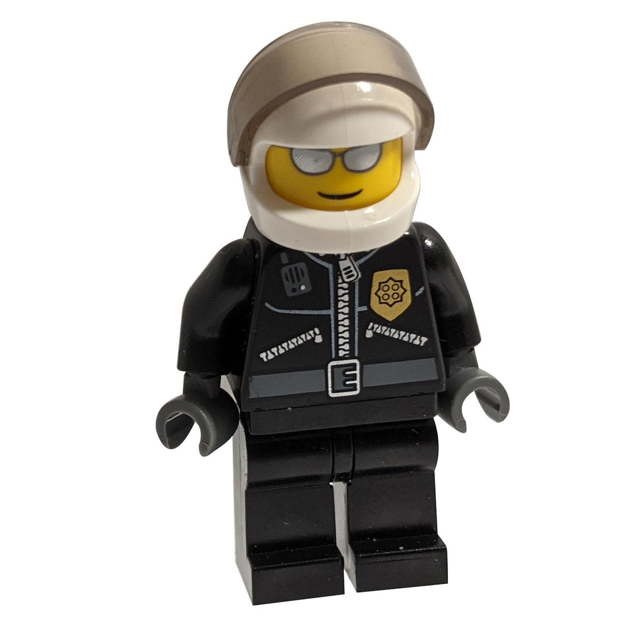 Policía - Chaqueta de Cuero de Ciudad con Insignia Dorada, Blanco Casco, Visera Trans-Negro, Gafas de Sol Plateadas
