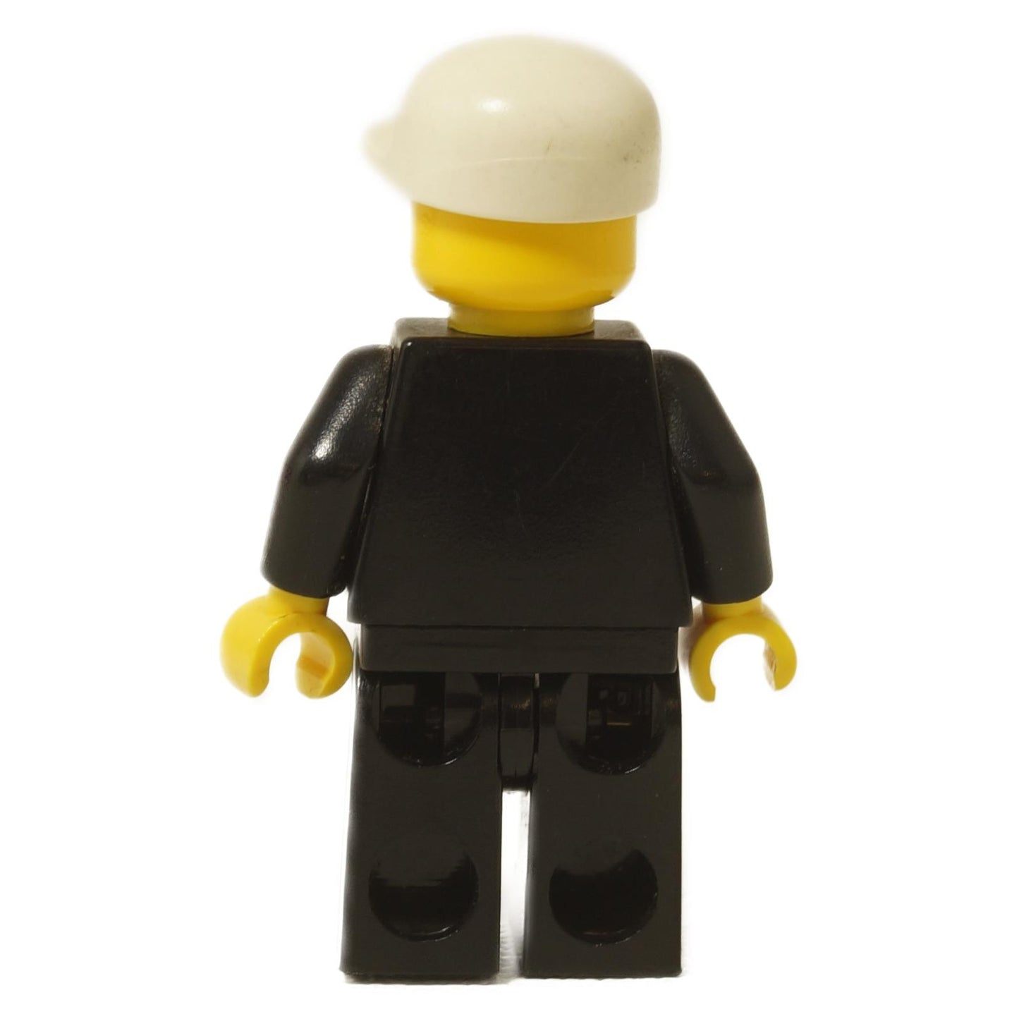 LEGO® City police officer minifigure (cty0204) in black uniform with plain back and white cap, rear view.