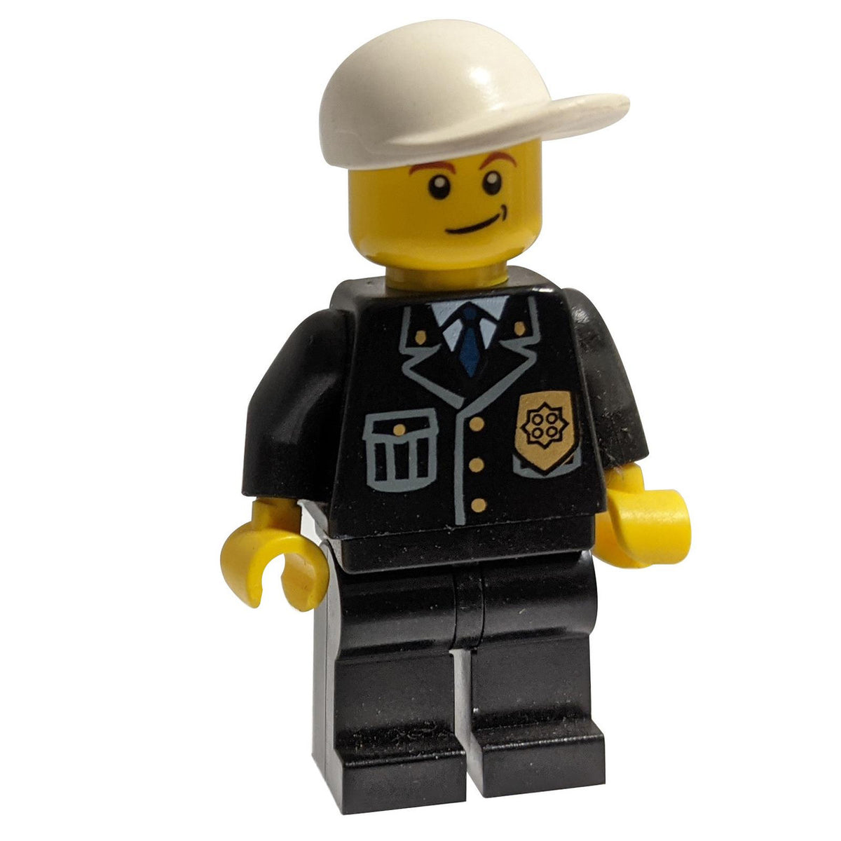 Poliție - Costum de oraș cu cravată și insignă Albastru, picioare Negru, șapcă cu vizier scurt Alb, zâmbet strâmb