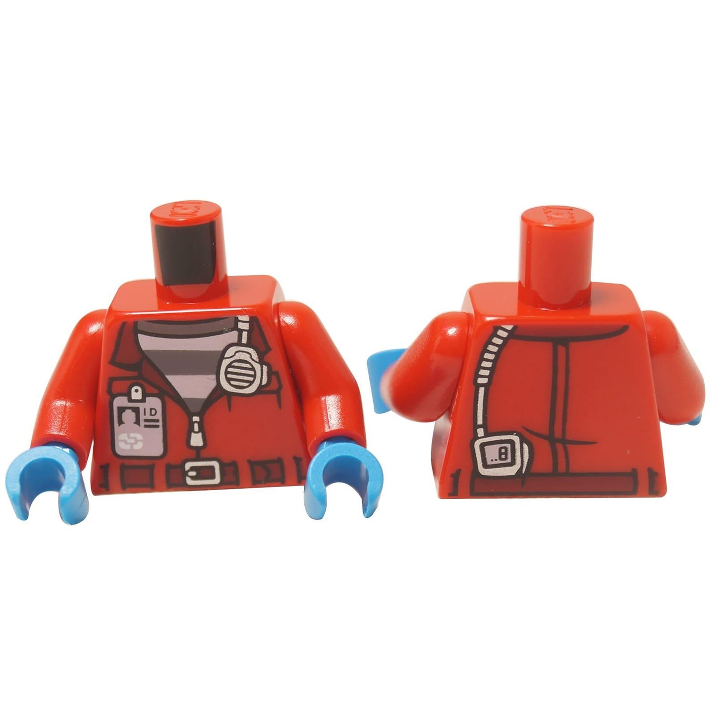 LEGO® Kaupunkivankilan torso (973pb4593c01), joka näyttää punaisen työtakki etu- ja takapuolelta raidallisen uniformun päällä.