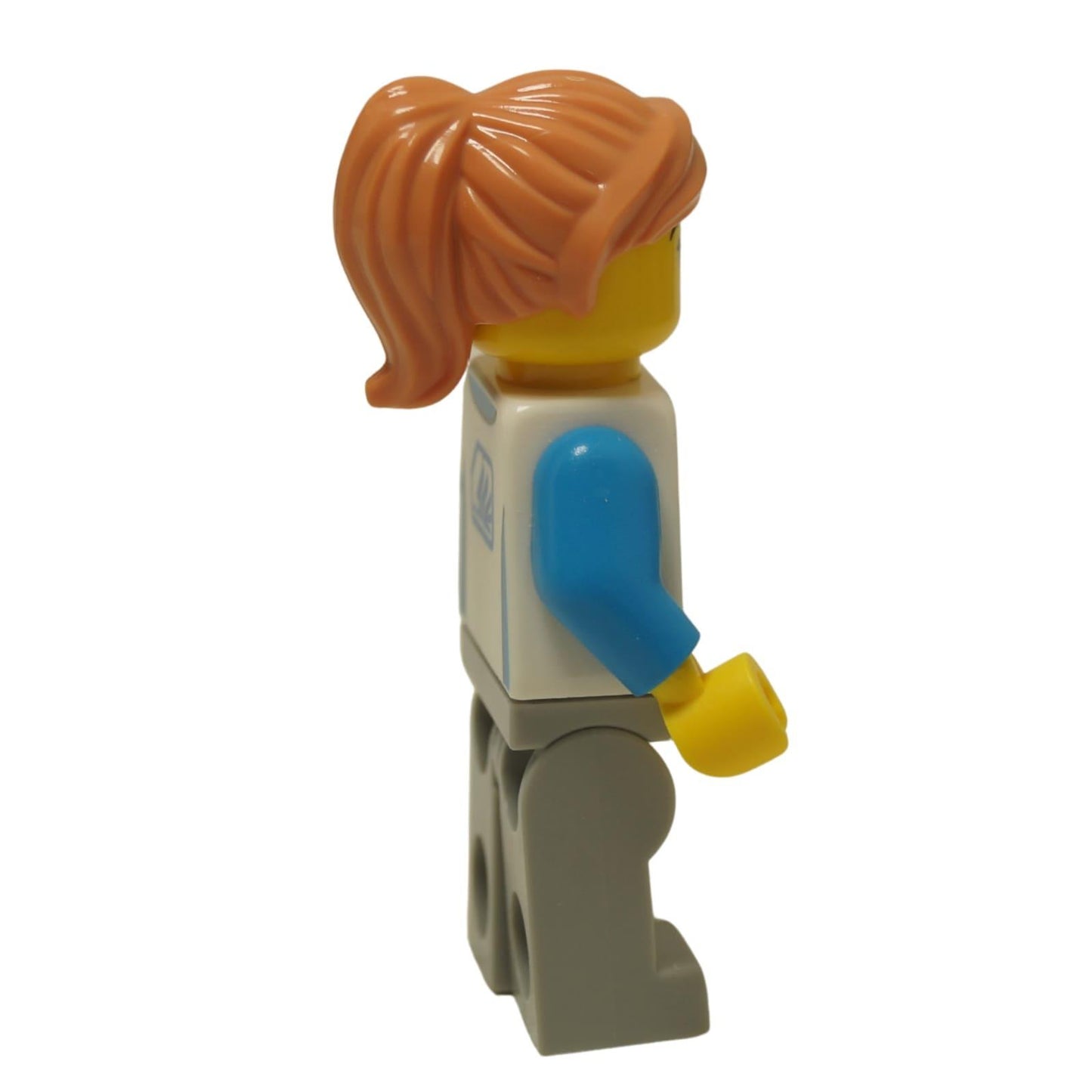 LEGO® City Robot World Attendant female minifigure (cty1803) wearing her park uniform with a blue logo and nougat-colored hair. Side view.