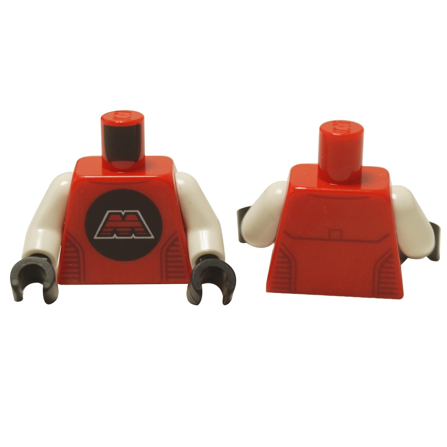 LEGO® Klasszikus Űr M:Tron törzs (973pb5648c01), amelyen az ikonikus 'M' logó látható az elülső részen és panelvonalazás a hátsó részen.