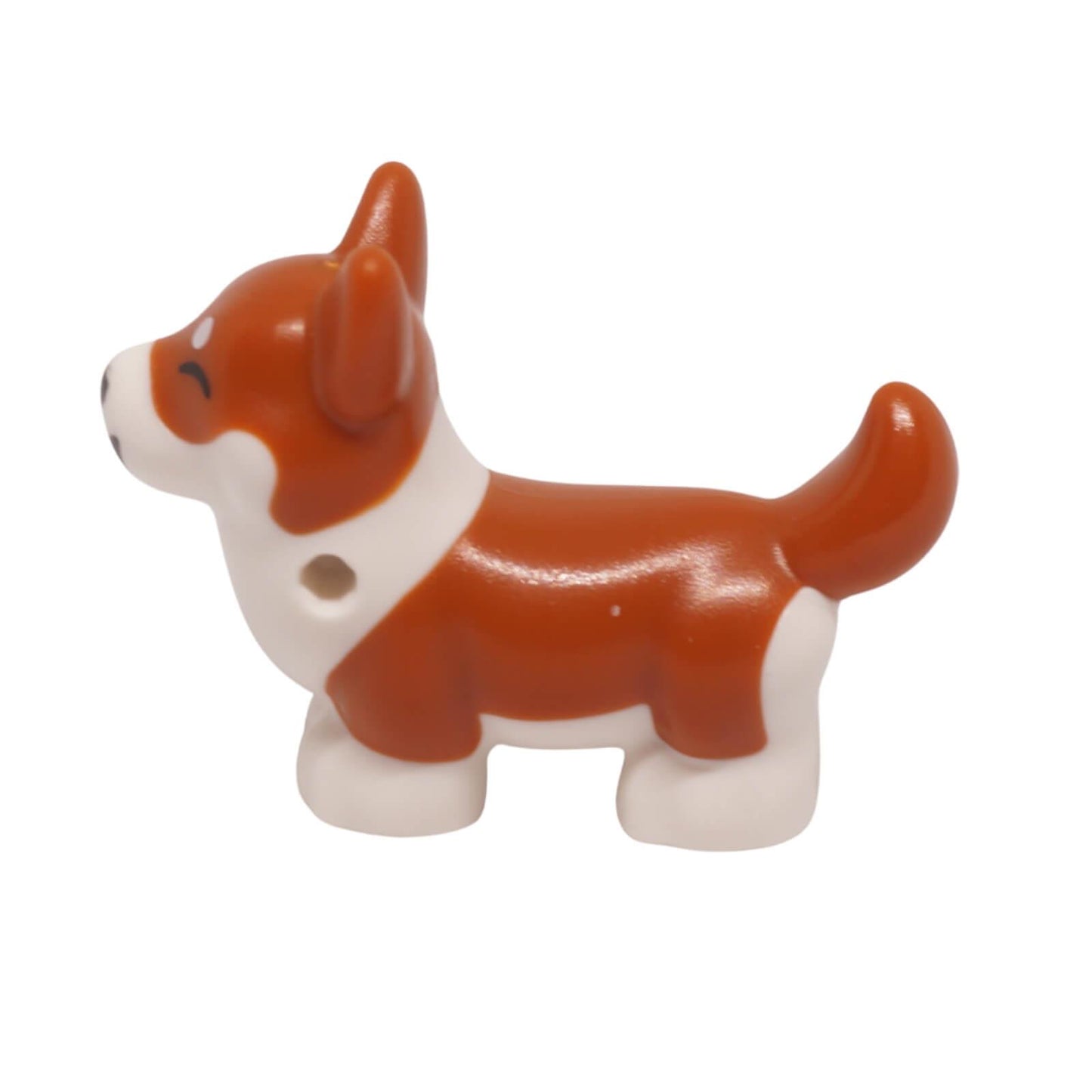 LEGO Corgi dog figure with printed closed eyes and pink tongue 109845pb03 side profile